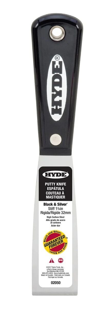 Hyde Black & Silver Carbon Steel Stiff Putty Knife Scraper, 1 1/4-In