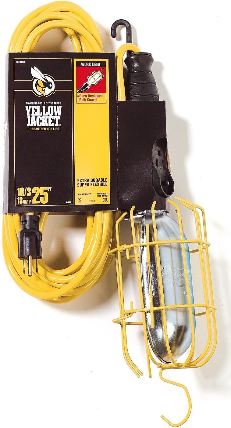 Yellow Jacket 16/3 SJTW Corded Trouble Light Work Light With Metal Guard And Outlet, 75-Watt