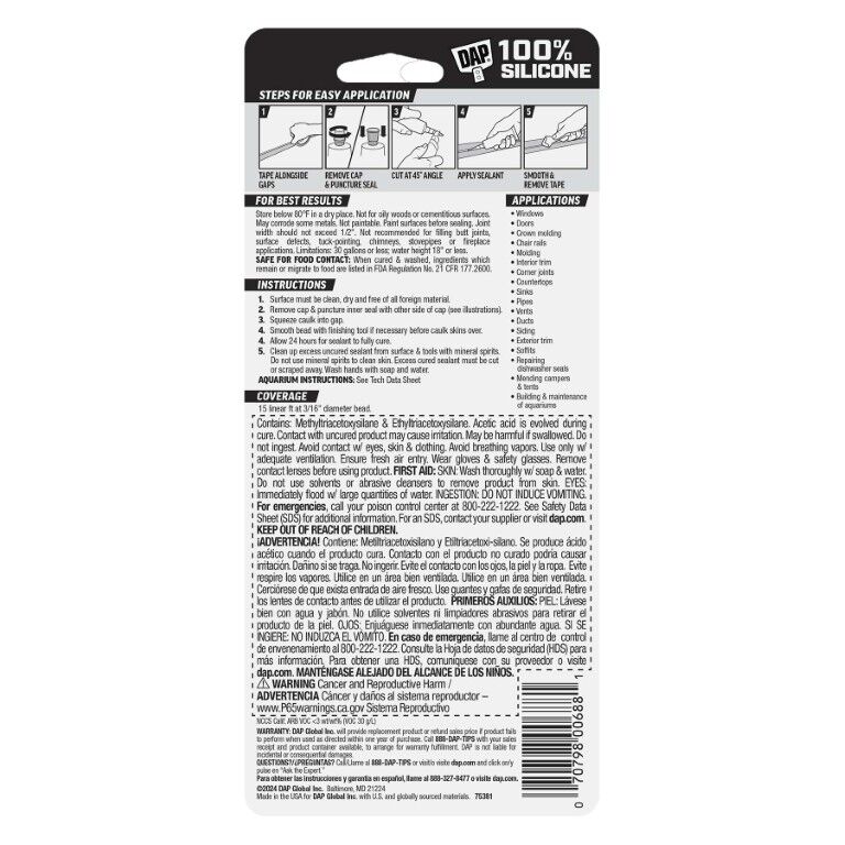 DAP All Purpose 100% Silicone Clear Rubber Adhesive Sealant, 2.8-Oz