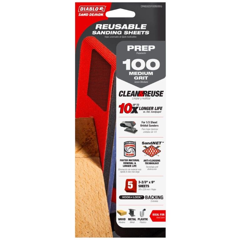 Diablo 1/3 Sheet Sand Demon 100-Grit Reusable Sanding Sheets, 9-In x 3 2/3-In, 5-Pk