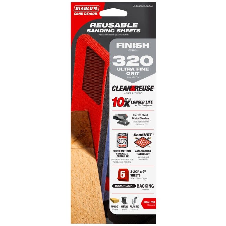 Diablo 1/3 Sheet Sand Demon 320-Grit Reusable Sanding Sheets, 9-In x 3 2/3-In, 5-Pk