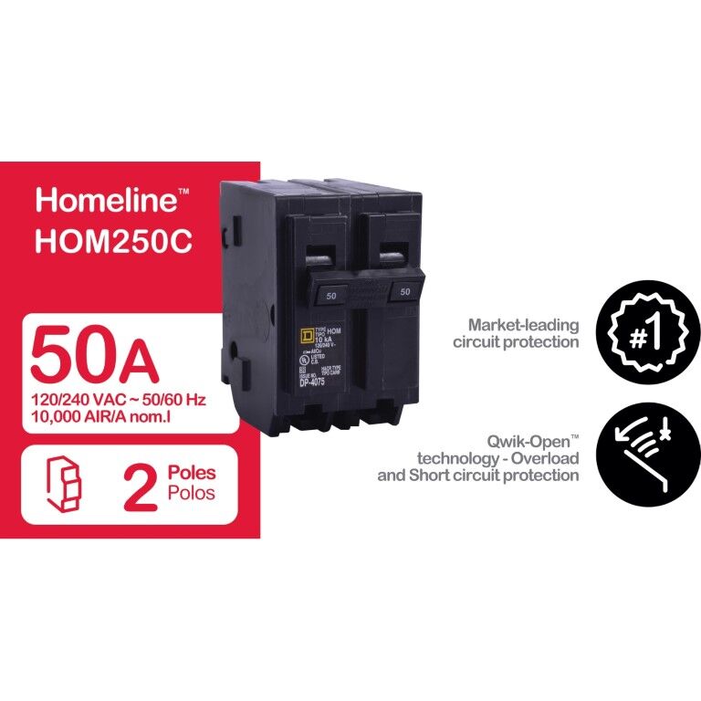 Square D Homeline Plug-In 2 Pole Mini Circuit Breaker, 50-A, 20/240-V AC