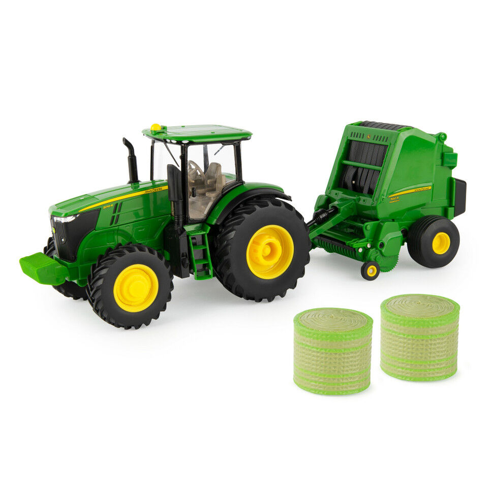 ERTL John Deere 1:32 Scale 7270R Tractor With 560R Baler And Round Bale Farm Toy Set