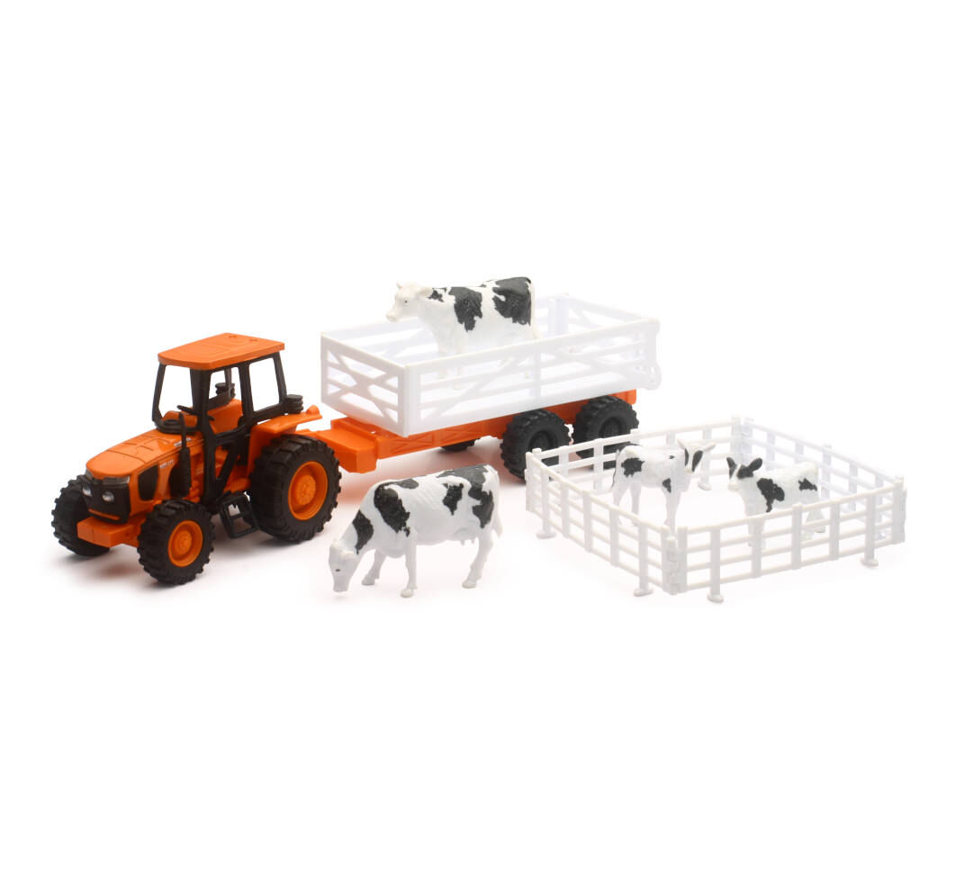 New Ray Kubotoa Farm Tractor & Trailer with Farm Animals Toy Set