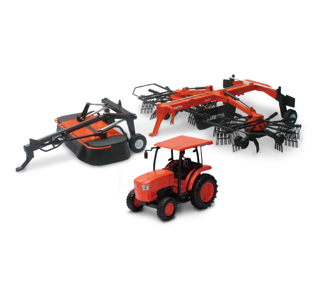 New Ray Kubota Farm Tractor with Rake & Disc Mower Toy Set
