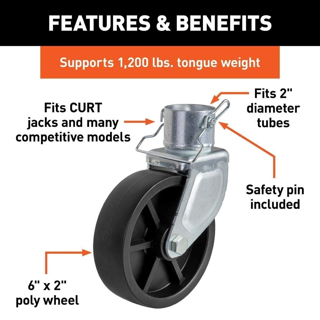 Curt Jack Caster Fits 2-In Tube, 1200-Lb, 6-In