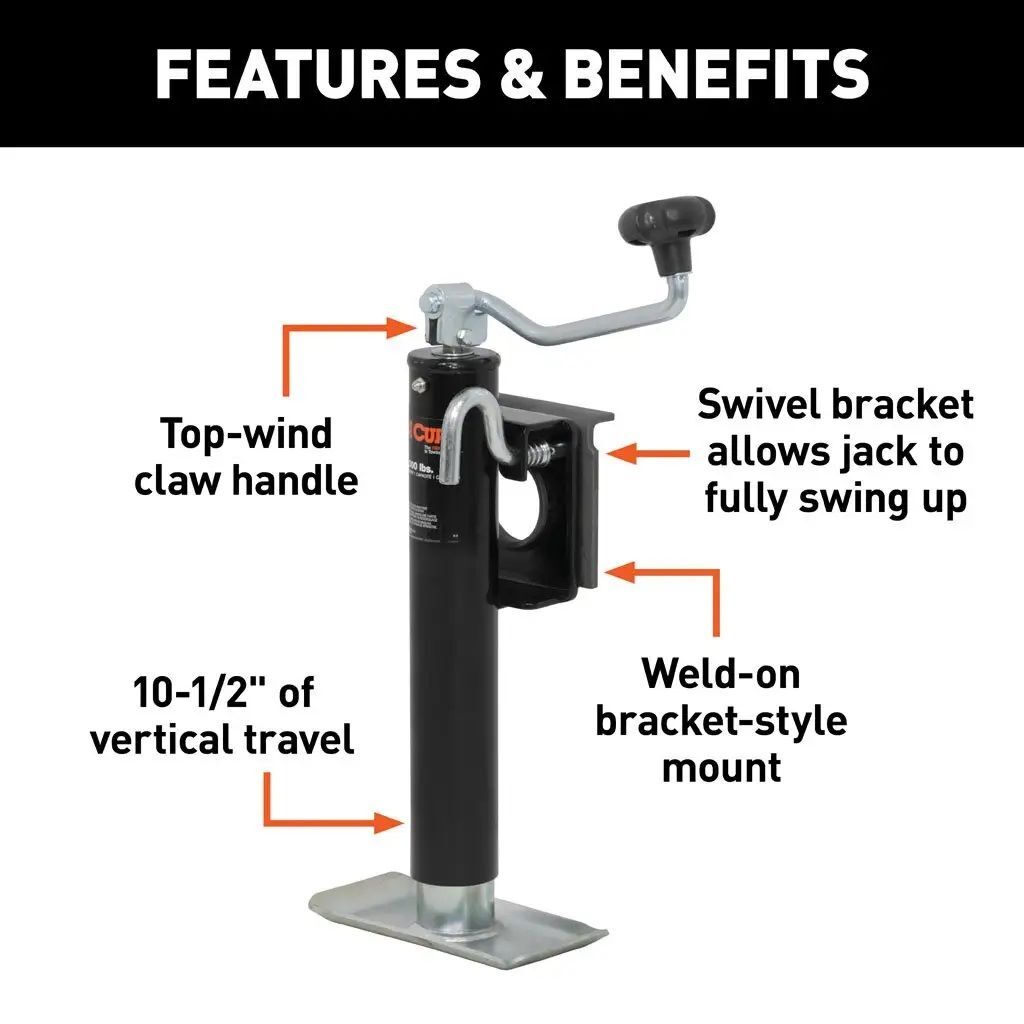 Curt Bracket-Mount Swivel Jack with Top Handle, 2000-Lb, 10-In Travel
