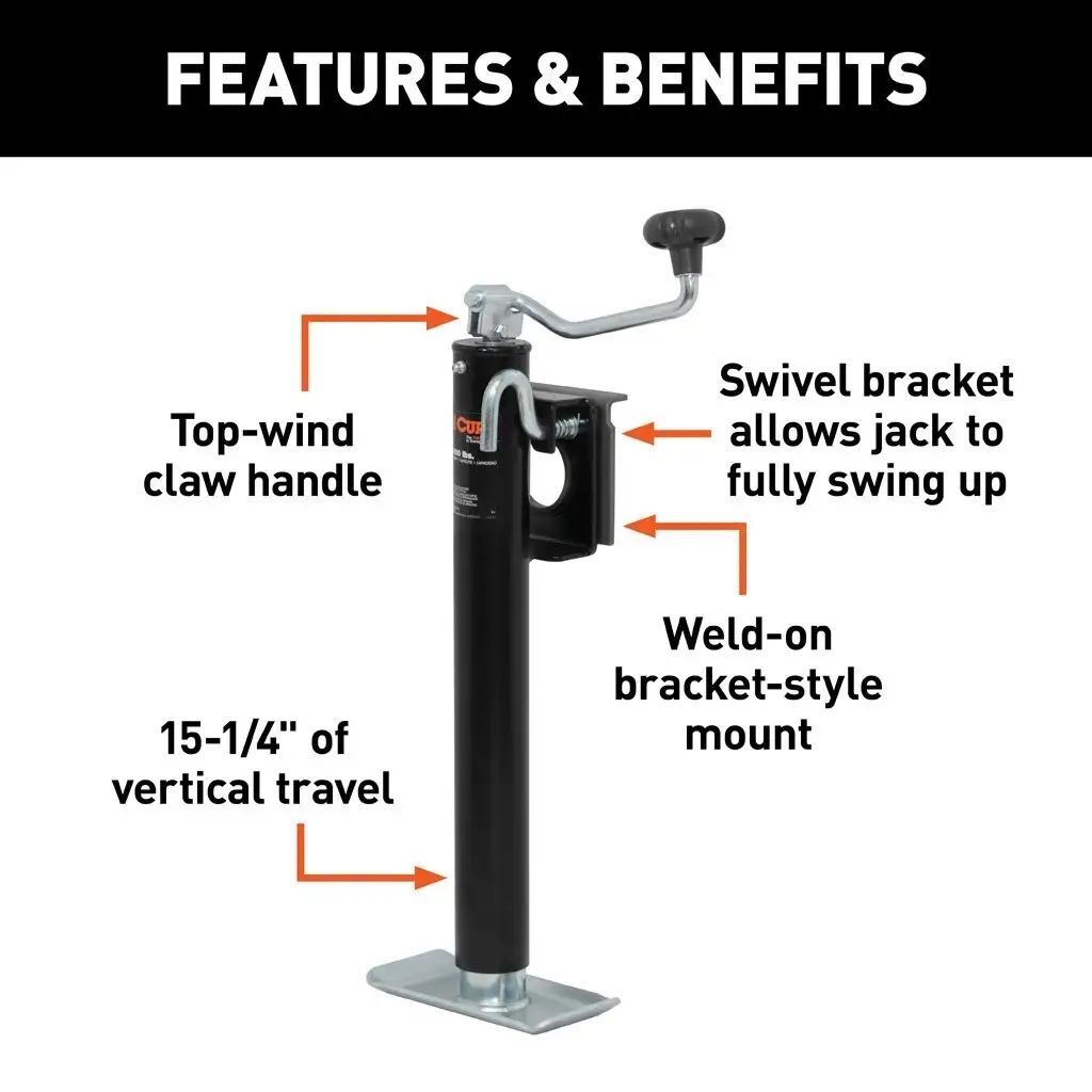 Curt Bracket-Mount Swivel Jack with Top Handle, 2000-Lb, 15-In Travel