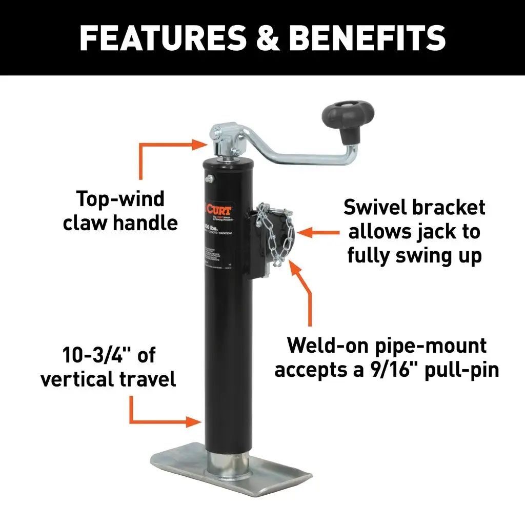 Curt Pipe-Mount Swivel Jack with Top Handle, 5000-Lb, 10-In Travel