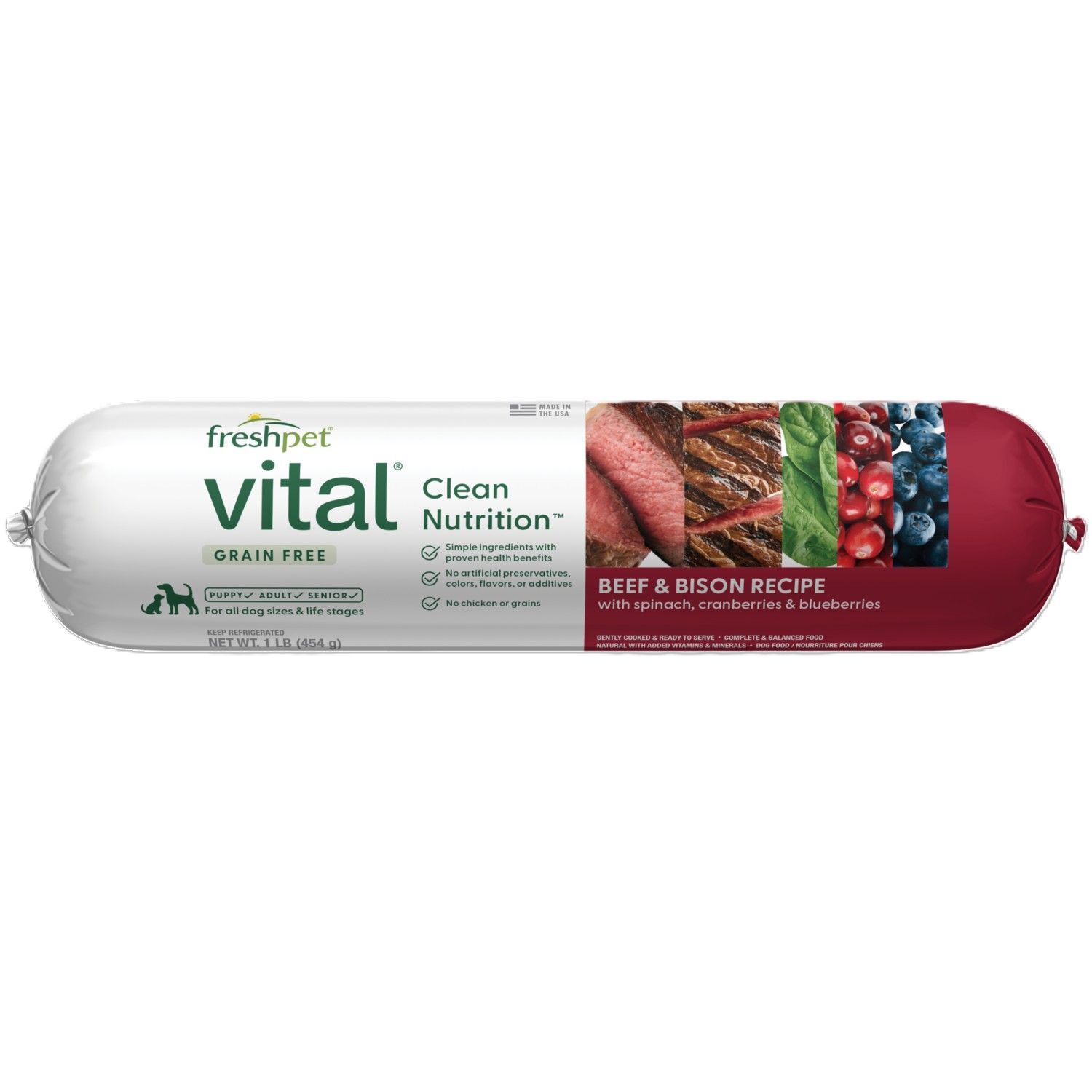 Freshpet Vital Grain Free Beef & Bison Recipe with Spinach Cranberries & Blueberries Dog Food, 2-Lb