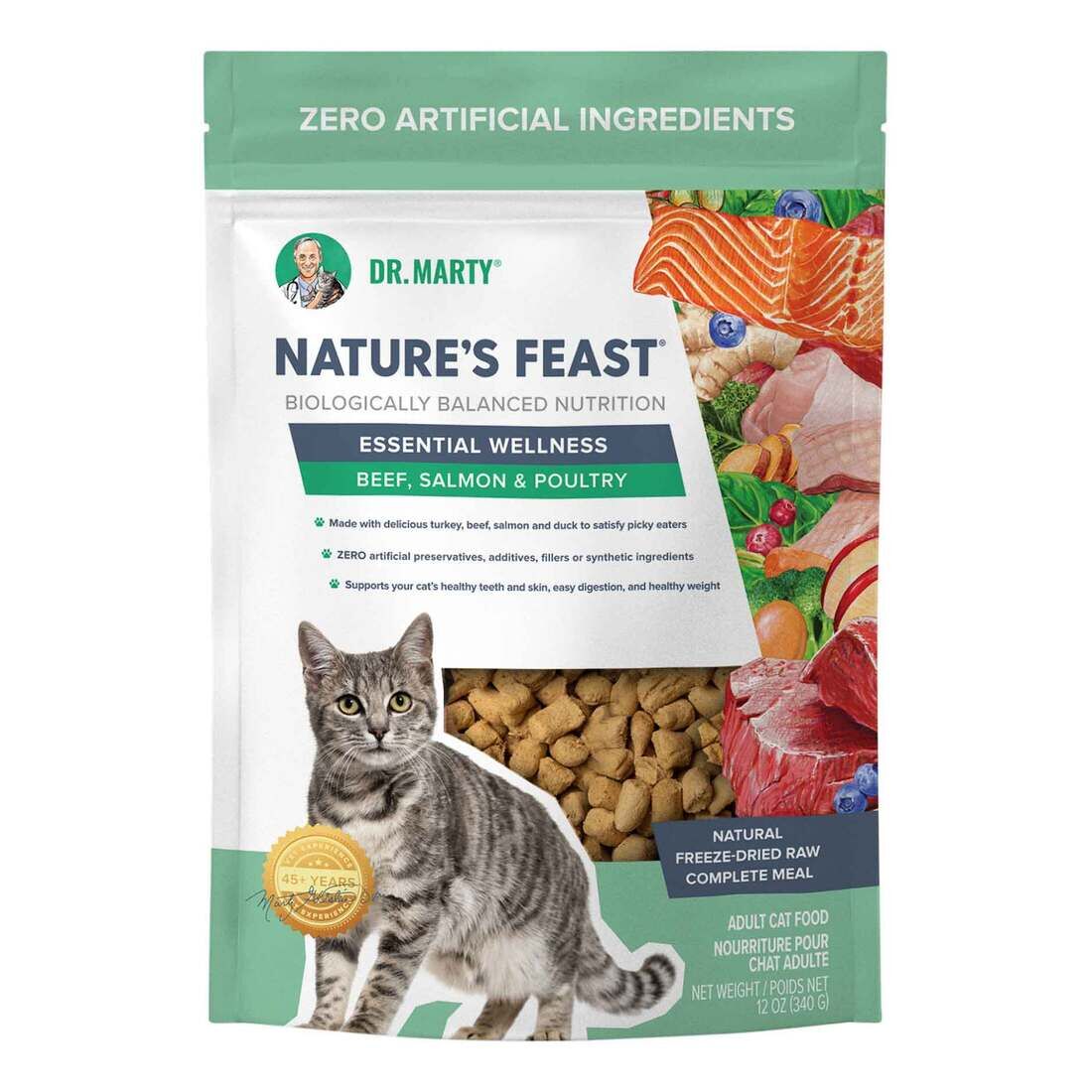 Dr. Marty Nature’s Blend Essential Wellness Beef, Salmon And Poultry Freeze Dried Cat Food, 12-Oz
