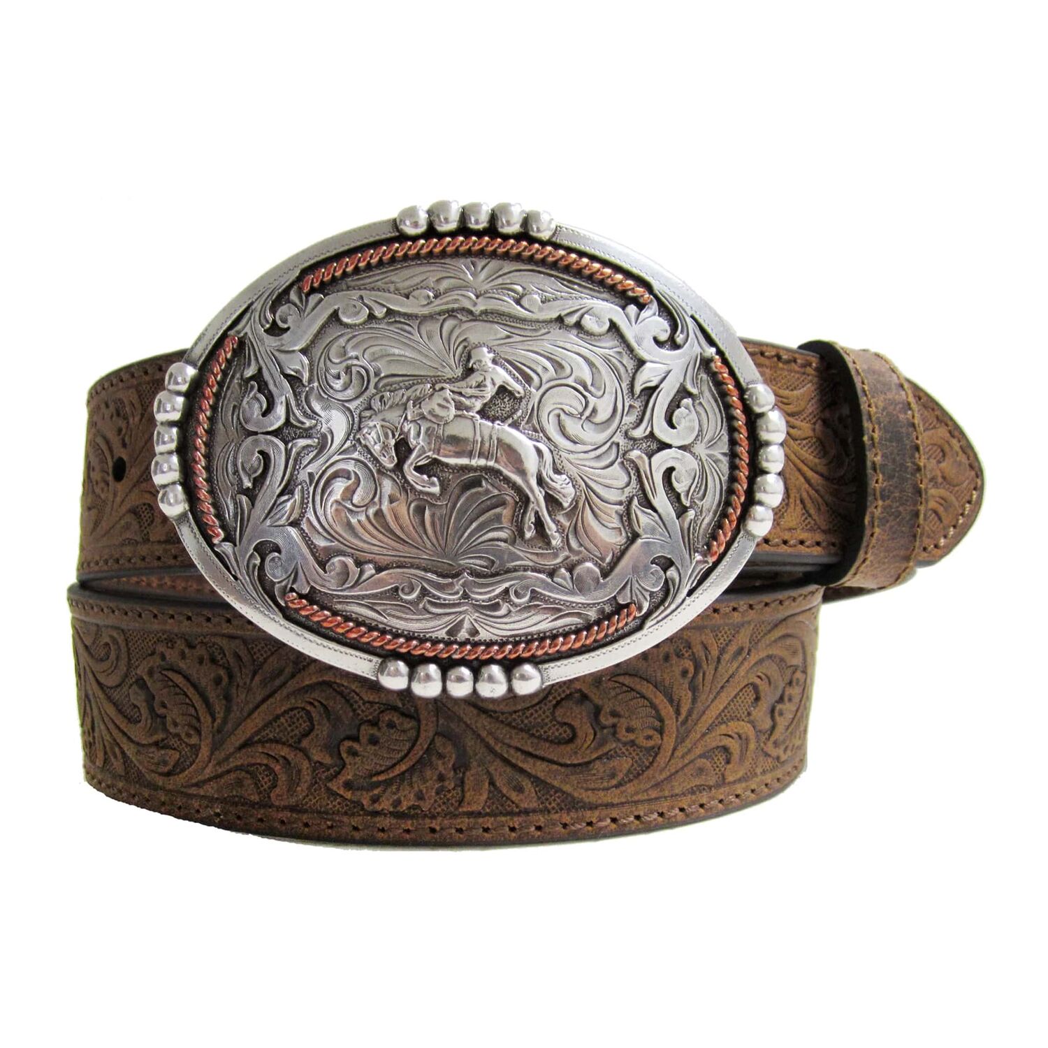 AndWest Men's 1 1/2-In Tooled Buckin' Bronc Rider Buckle Belt in Tan