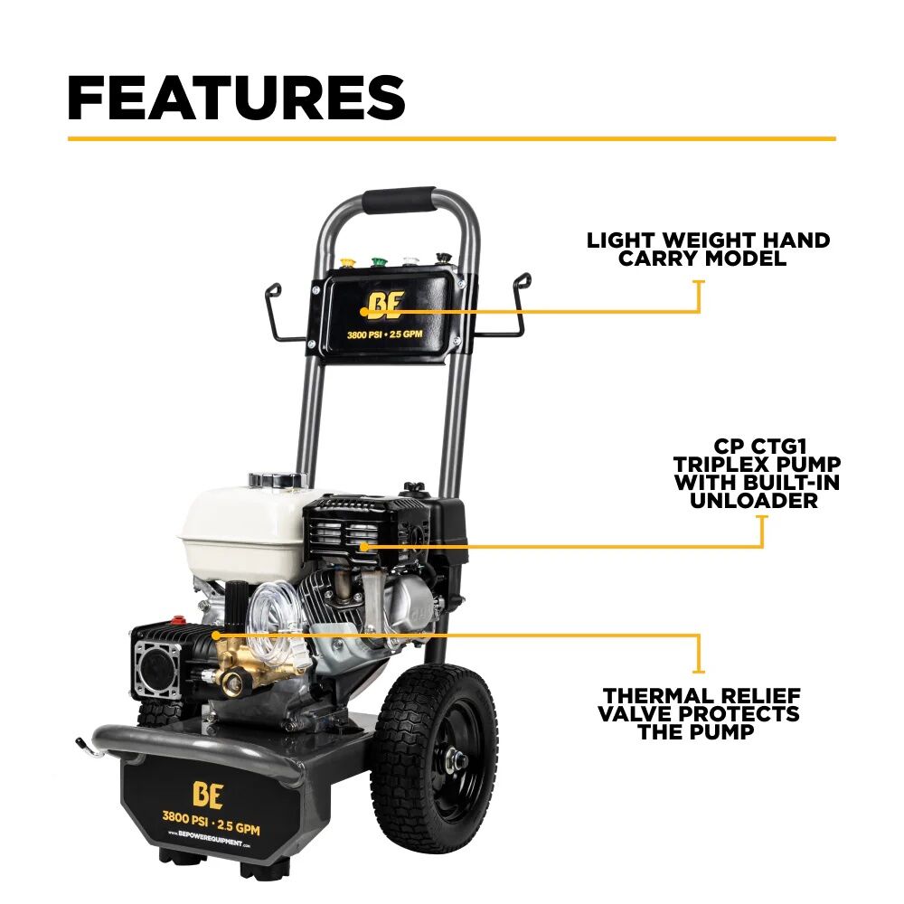 BE Power Equipment B3865HA Honda GX200 Gas Pressure Washer With AR Triplex Pump, 3800 PSI
