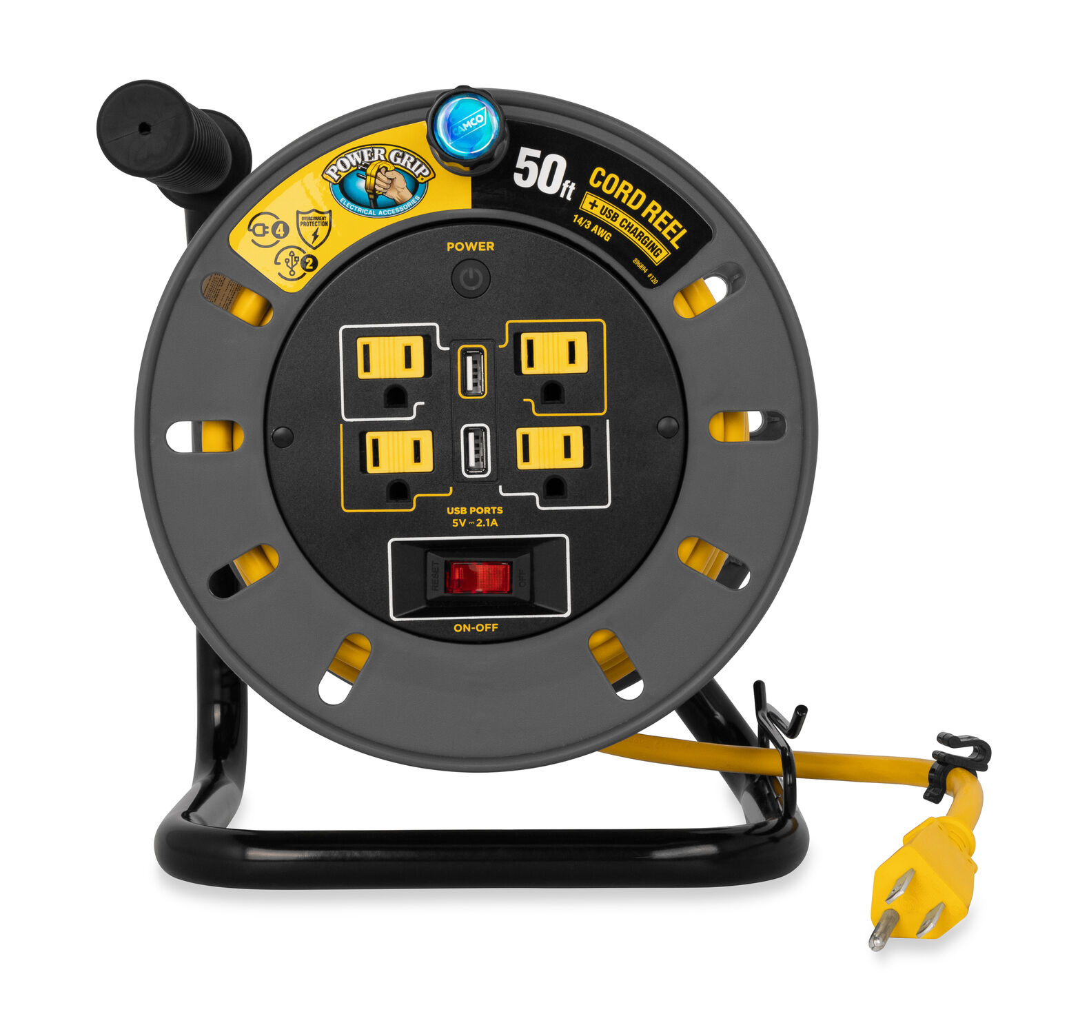 Camco PowerGrip RV Extension Cord Reel with USB Charging Port, 50-Ft