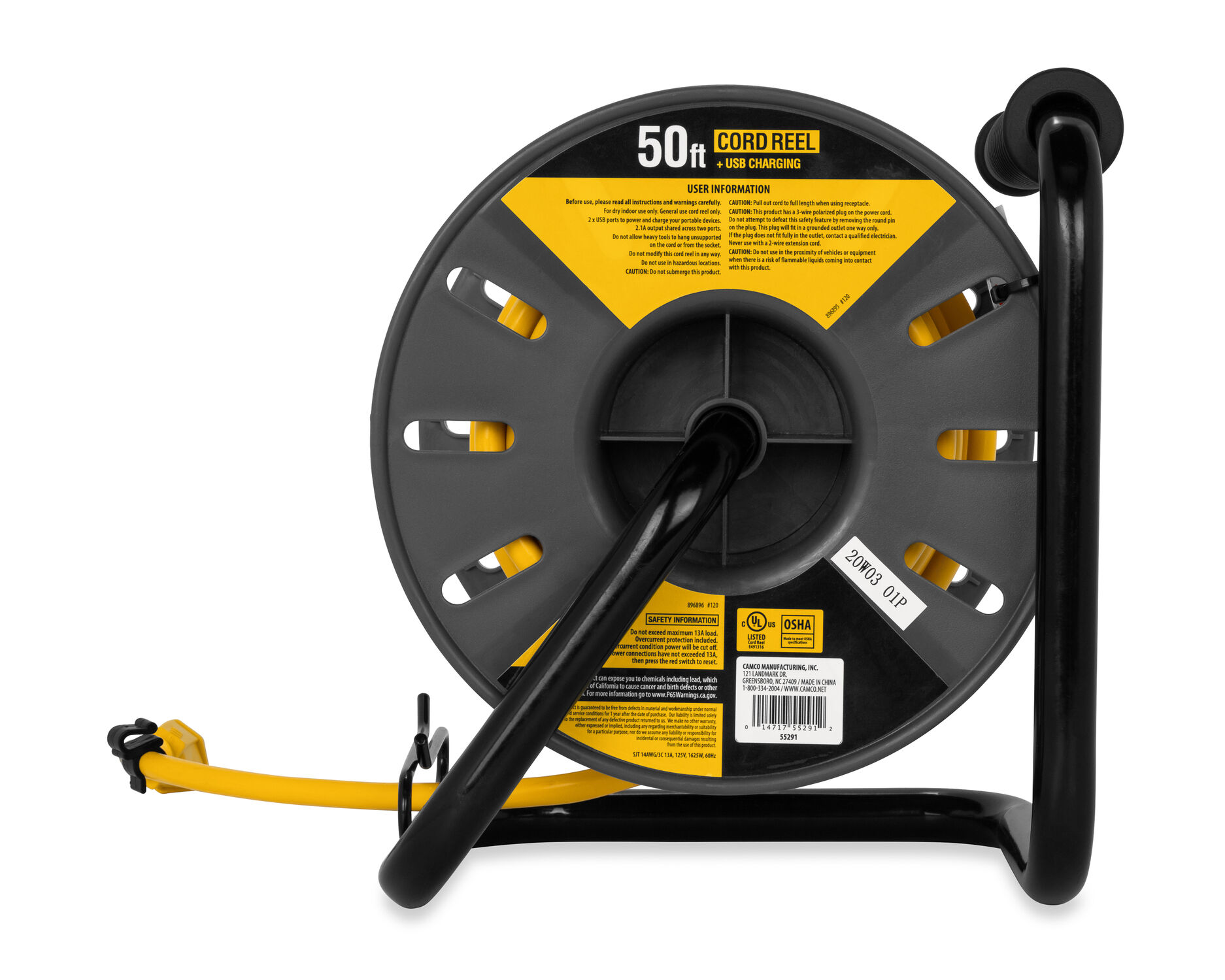 Camco PowerGrip RV Extension Cord Reel with USB Charging Port, 50-Ft