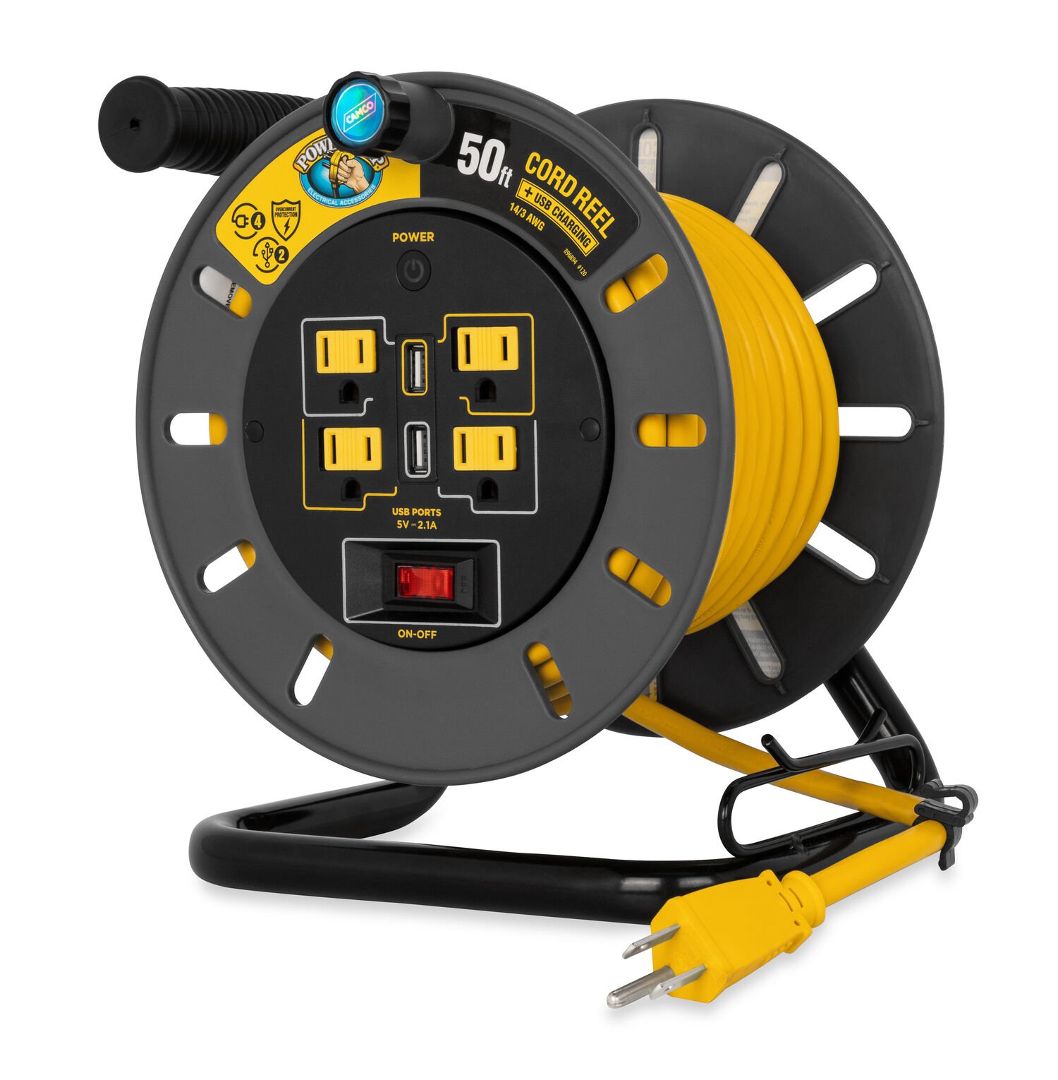 Camco PowerGrip RV Extension Cord Reel with USB Charging Port, 50-Ft