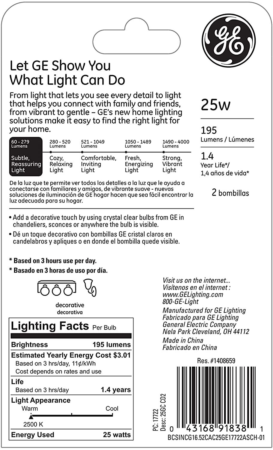 GE Crystal Clear 25 Watt G16.5 2-Pack