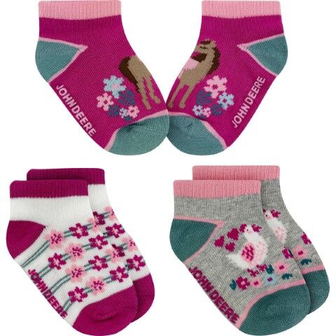 John Deere Kids' Shortie Socks 3-Pk in Pink/Grey