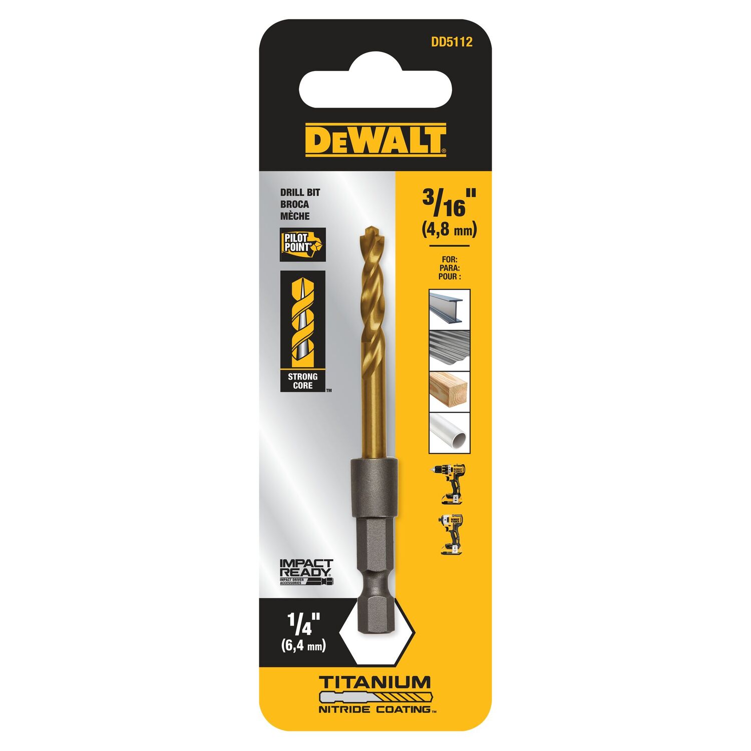 DEWALT Impact Ready Titanium Nitride Coated Drill Bit, 3/16-In