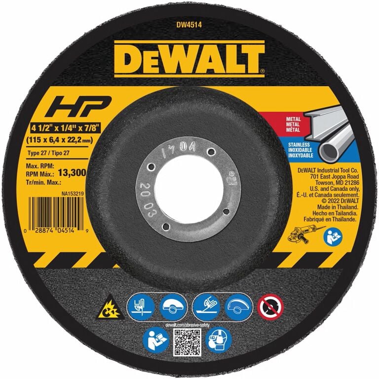 DEWALT High Performance Metal Grinding Wheel Type 27, 4 1/2-In x 1/4-In x 7/8-In