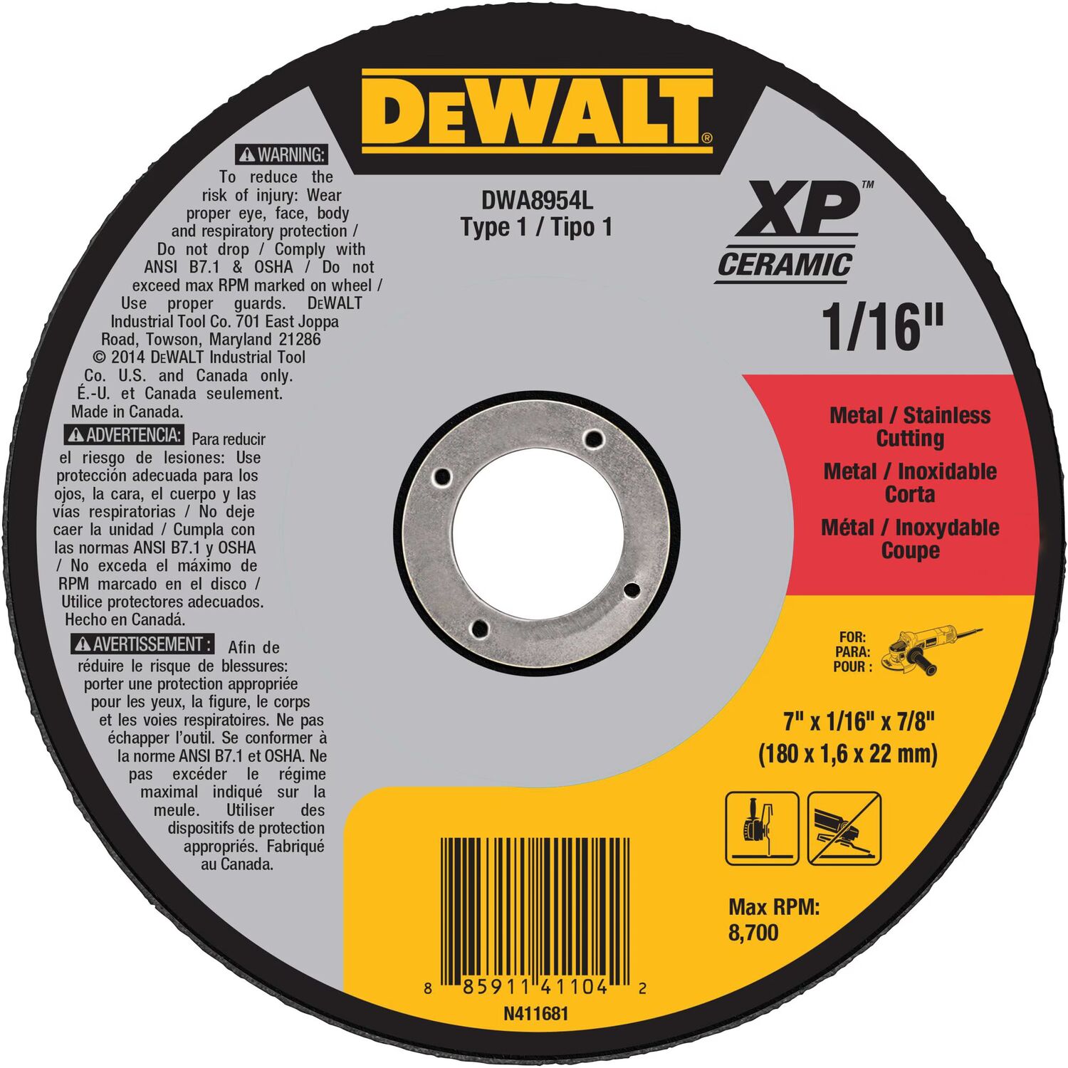 DEWALT XP Ceramic Metal Cut-Off Wheel Type 1, 4 1/2-In x 0.04-In x 7/8-In