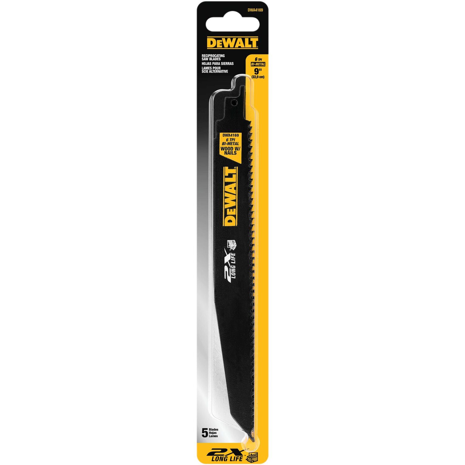 DEWALT 2X Long Life Wood Cutting Reciprocating Saw Blade, 6 TPI, 9-In, 5-Pk