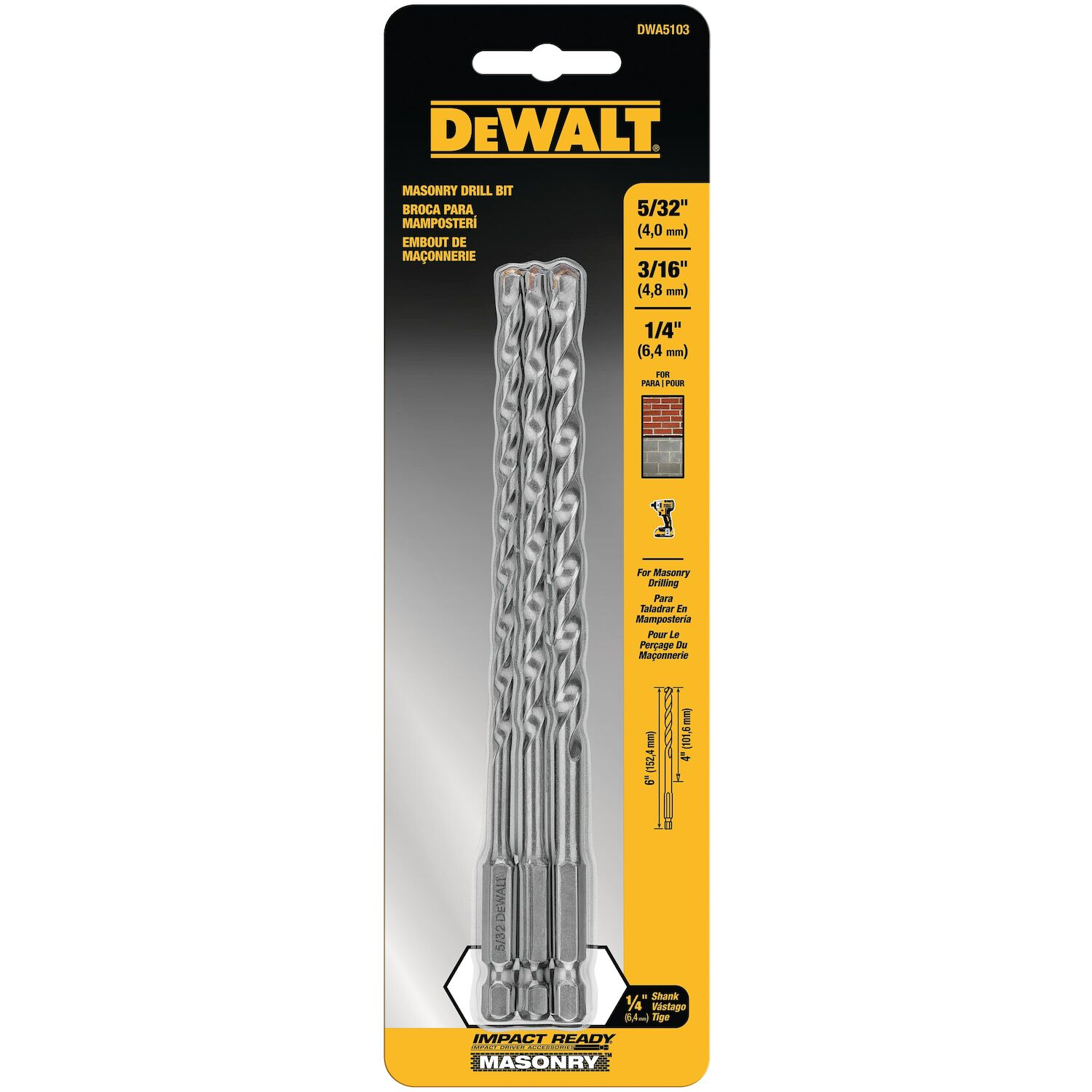 DEWALT Impact Ready Masonry Bit Set, 6-In, 3-Pc