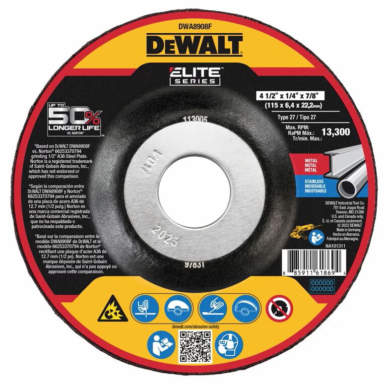 DEWALT Elite Series Grinding Wheel Type 27, 4 1/2-In x 1/4-In x 7/8-In