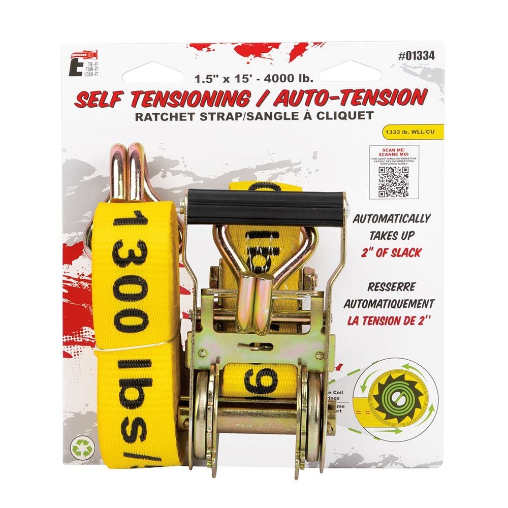 Erickson Self Tensioning Ratcheting Tie-Down with J-Hooks, 1-1/2-In x 15-Ft, 4000-Lb