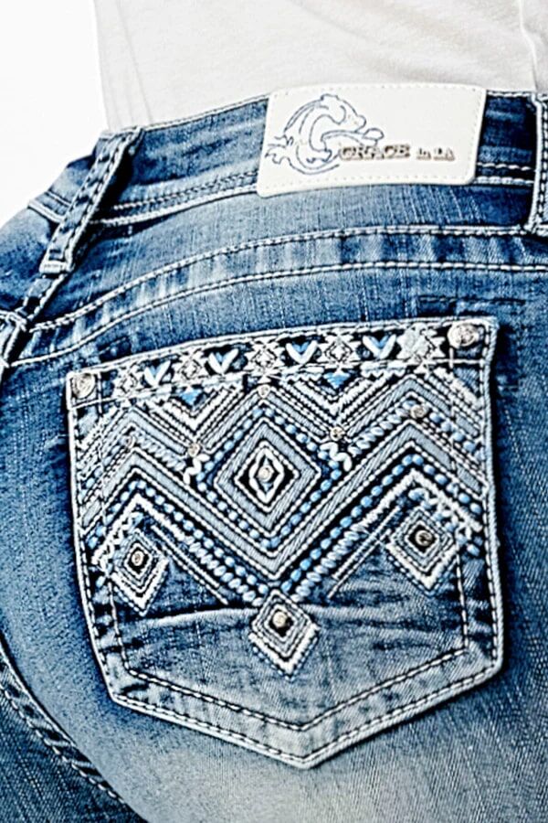 Grace In LA Women's Aztec Embroidered Mid Rise Bootcut Jeans