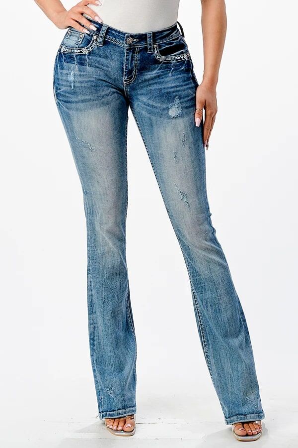 Grace In LA Women's Aztec Embroidered Mid Rise Bootcut Jeans