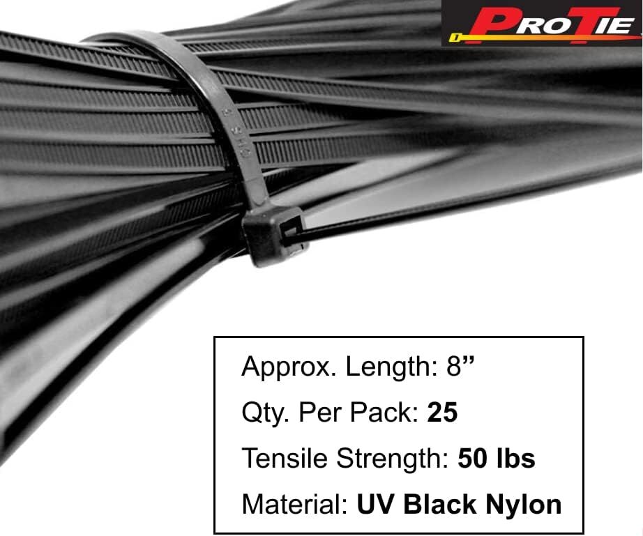 Pro Tie Black Standard Duty 50-Lb Tensile Strength 8-In Cable Ties, 25-Pk