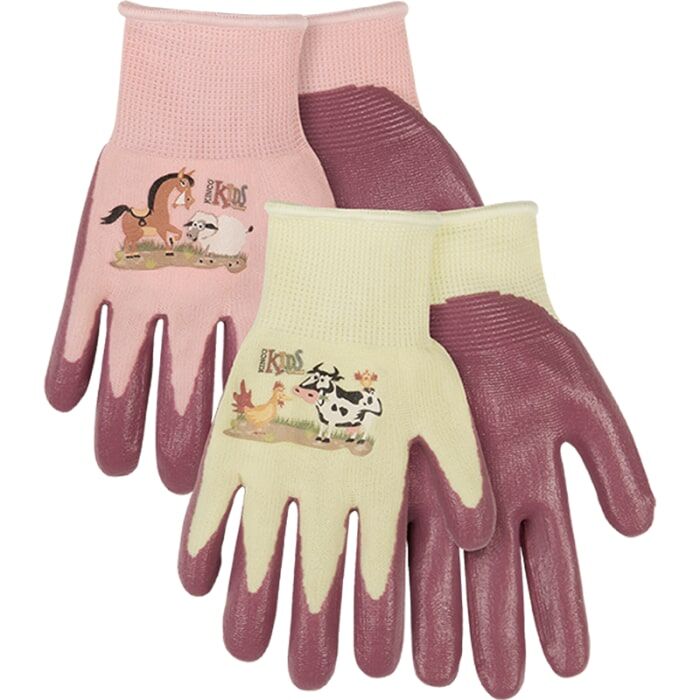 Kinco Kids' Farm Friends Nylon Knit Shell And Foam Nitrile Palm Gloves in Pink/Lime