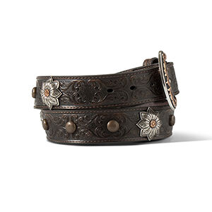 M & F Western Women's Ariat Floral Embossed Concho Leather Belt in Brown