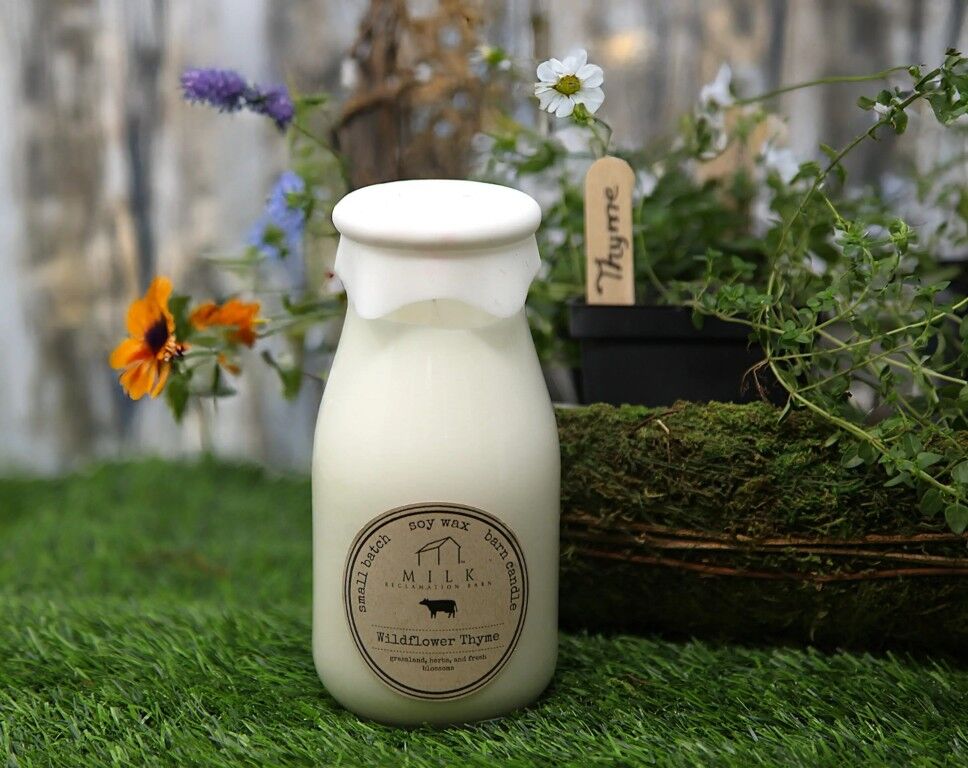 Milk Reclamation Barn Wildflower Thyme Scent Milk Bottle Candle, 13-Oz