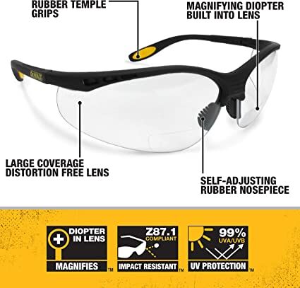 DeWALT Reinforcer Protective Safety Glasses, 1.0 Rx-Bifocal Lens, Clear