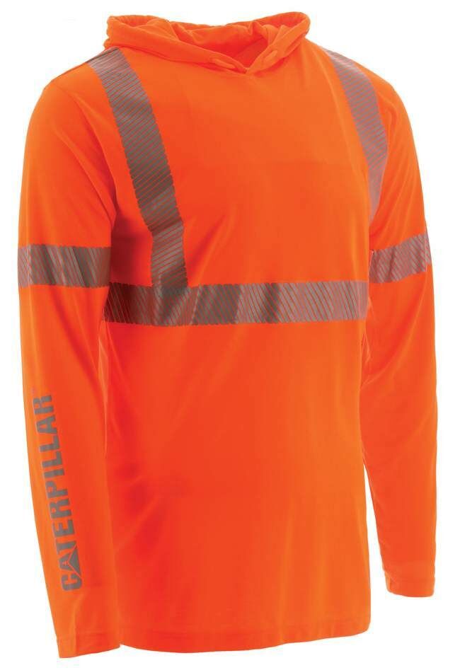CAT Men's High Visibility Hooded Banner Long Sleeve Tee in Orange