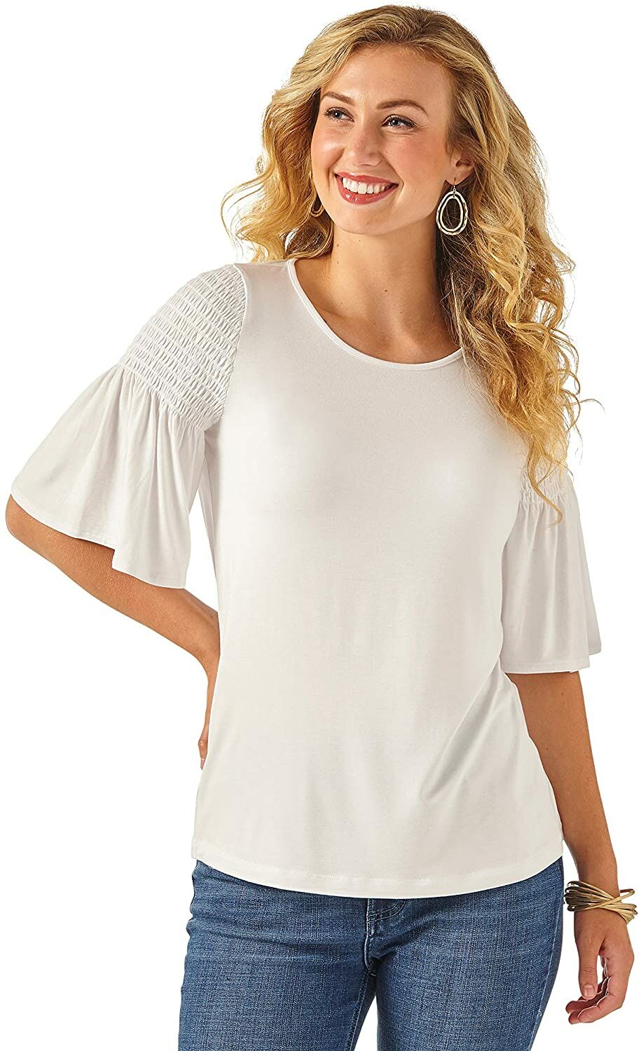 Wrangler Women's 3/4 Sleeves Smocked Shoulder Knit Top
